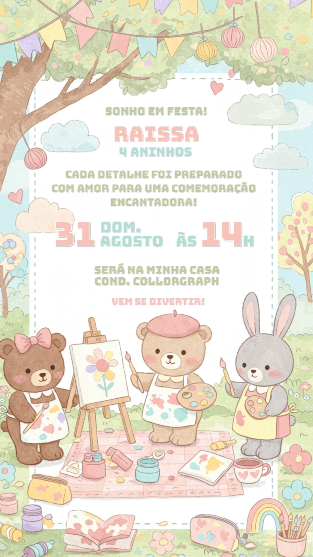 Convite Aniversário Ursinhos Pintando Estilo Aquarela para Editar
