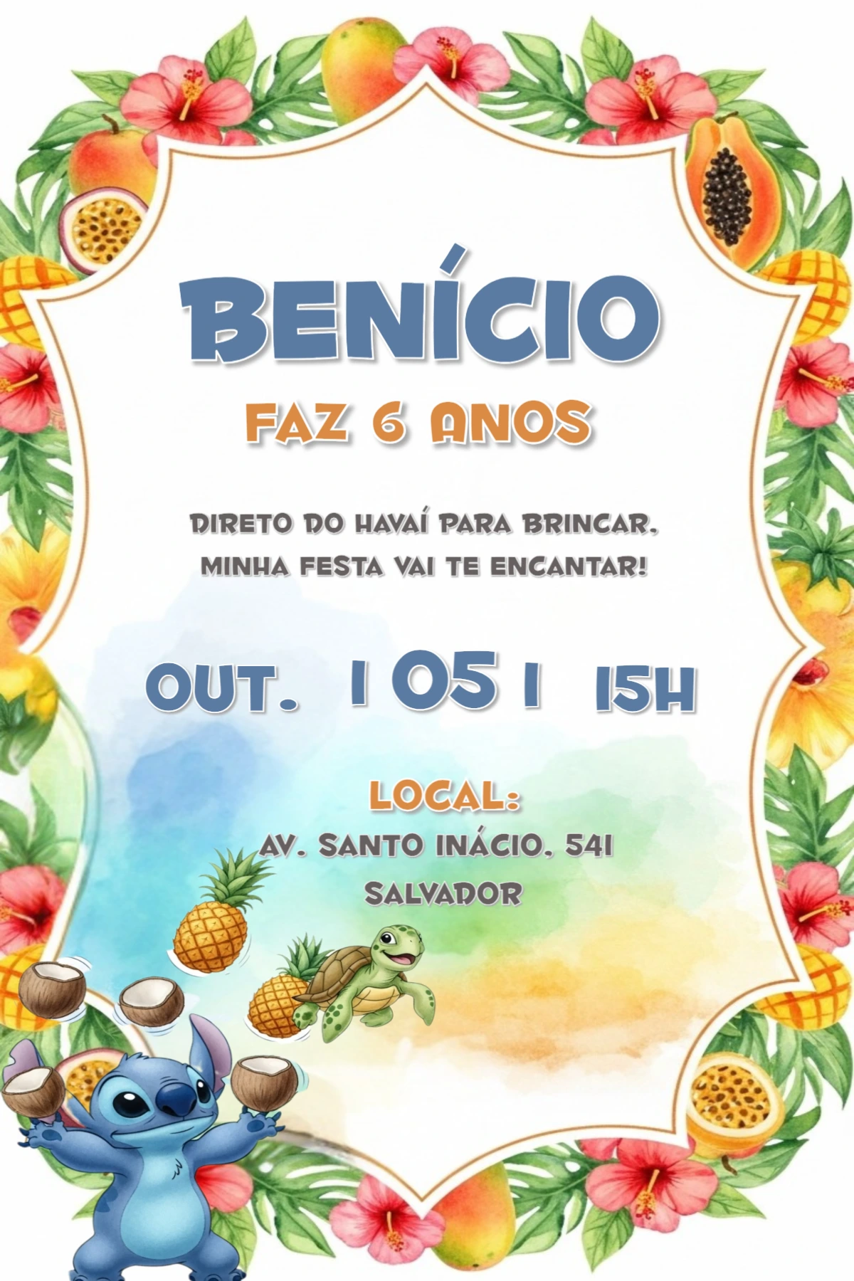 Convite de Aniversário Stitch Tropical para Editar Online