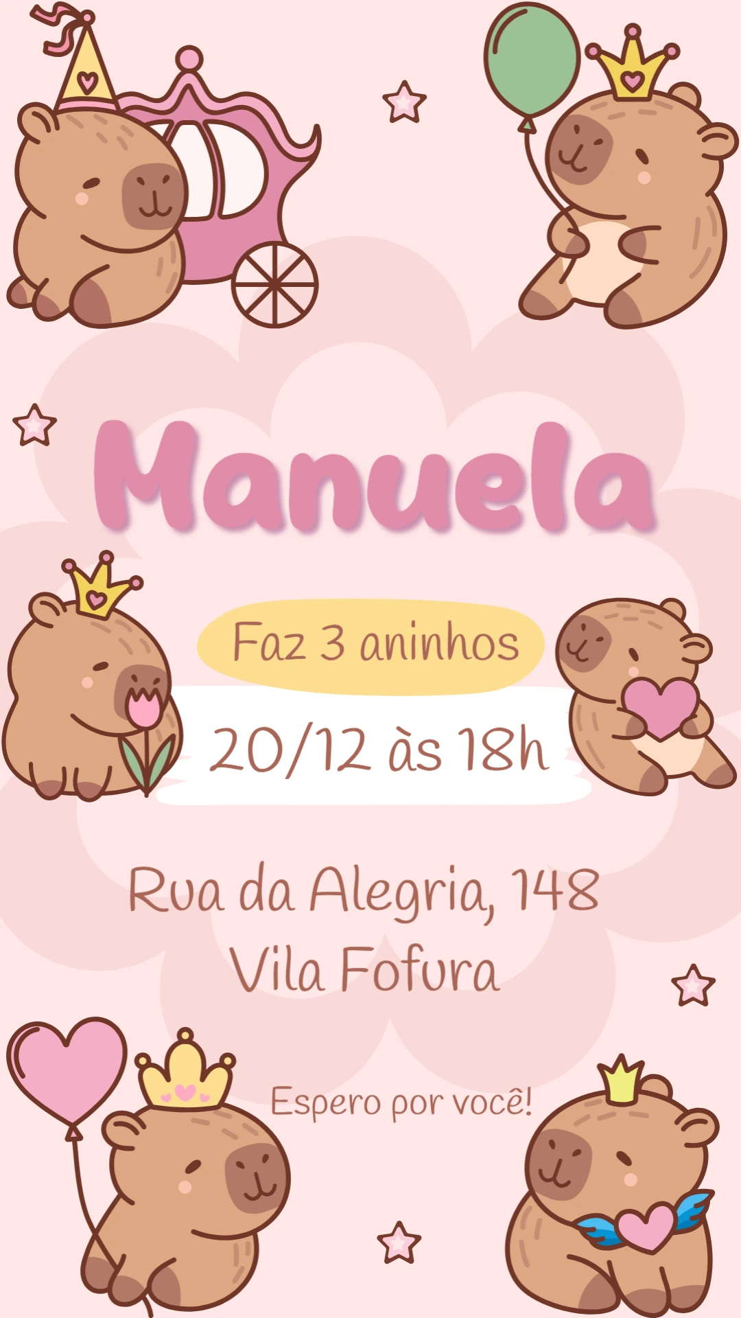 Convite de Aniversário Capivara Princesa para Editar Online