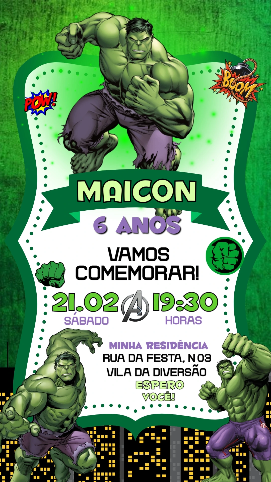Convite Digital Aniversário do Hulk Modelo Editável