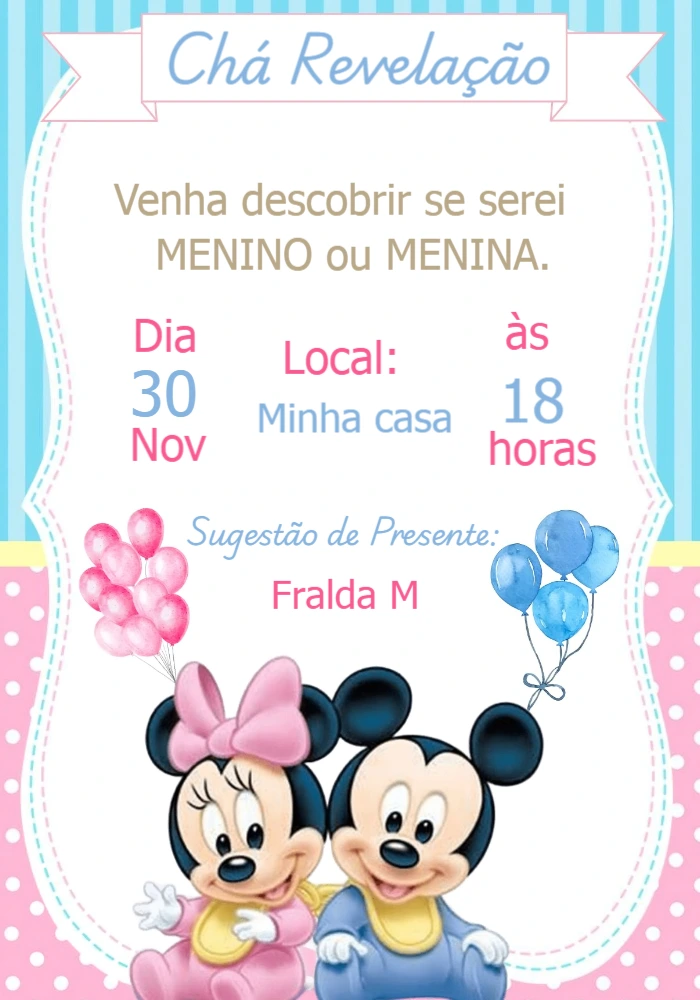 Convite Chá Revelação Mickey e Minnie Bebê para Editar Online
