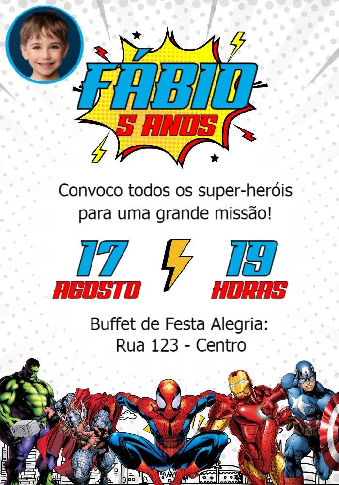Convite Aniversário Super-Heróis com Foto para Editar Online