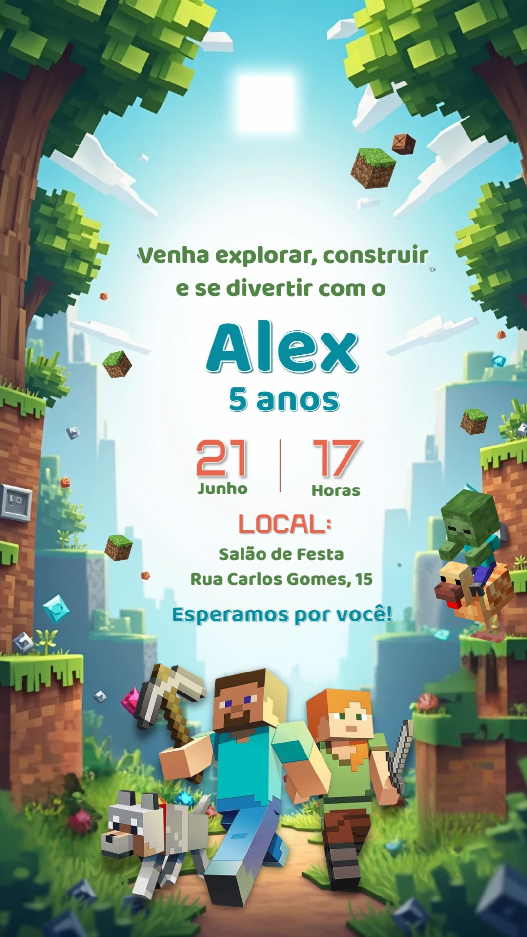 Convite de Aniversário Minecraft com Personagens para Editar