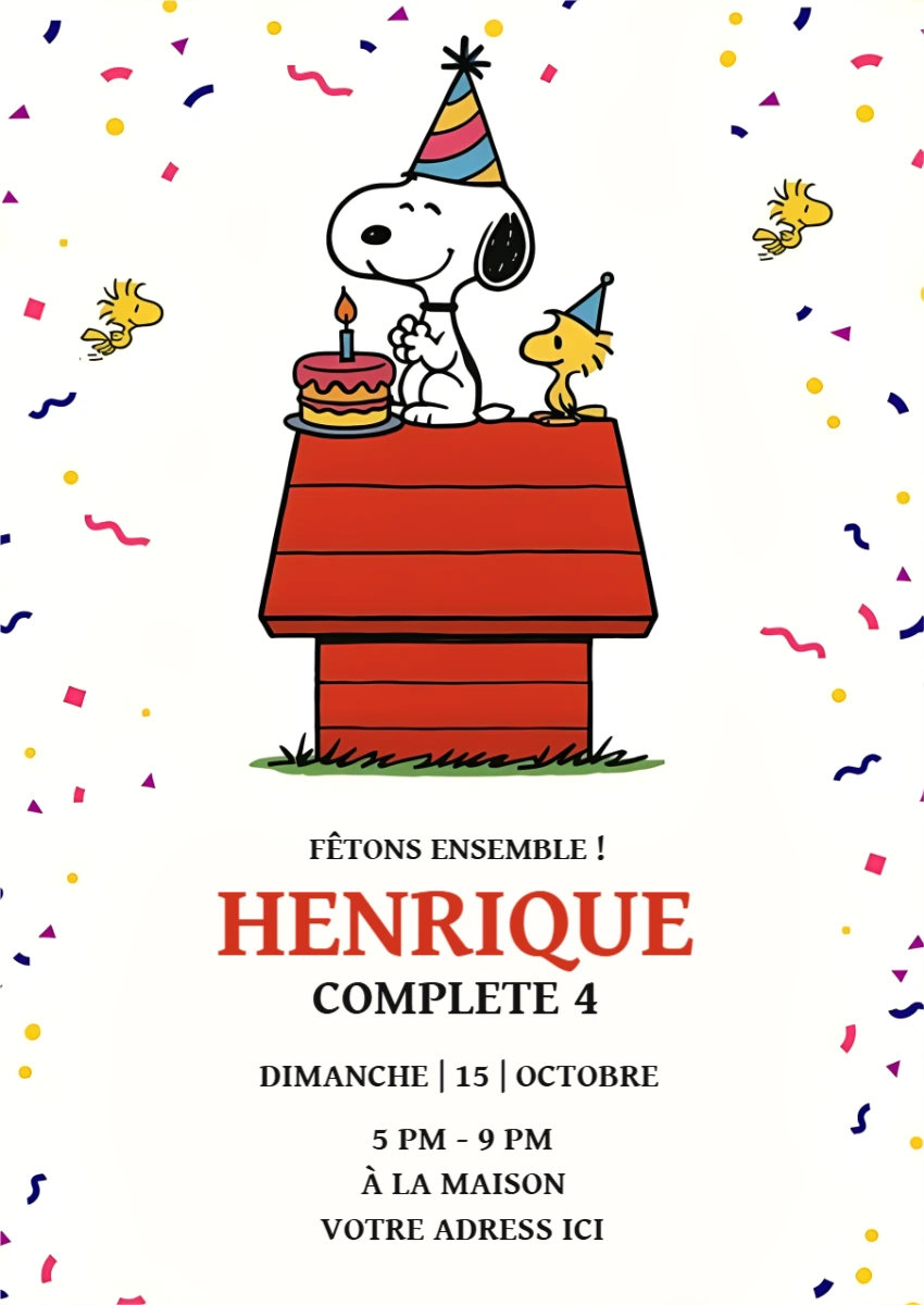 Invitation anniversaire Snoopy et Woodstock à personnaliser