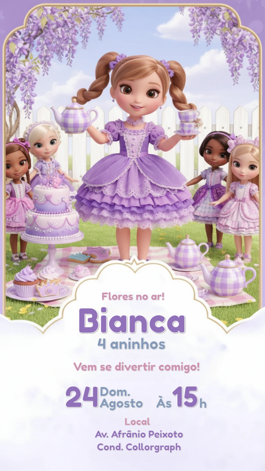 Convite de Aniversário Festa de Bonecas Roxo para Editar