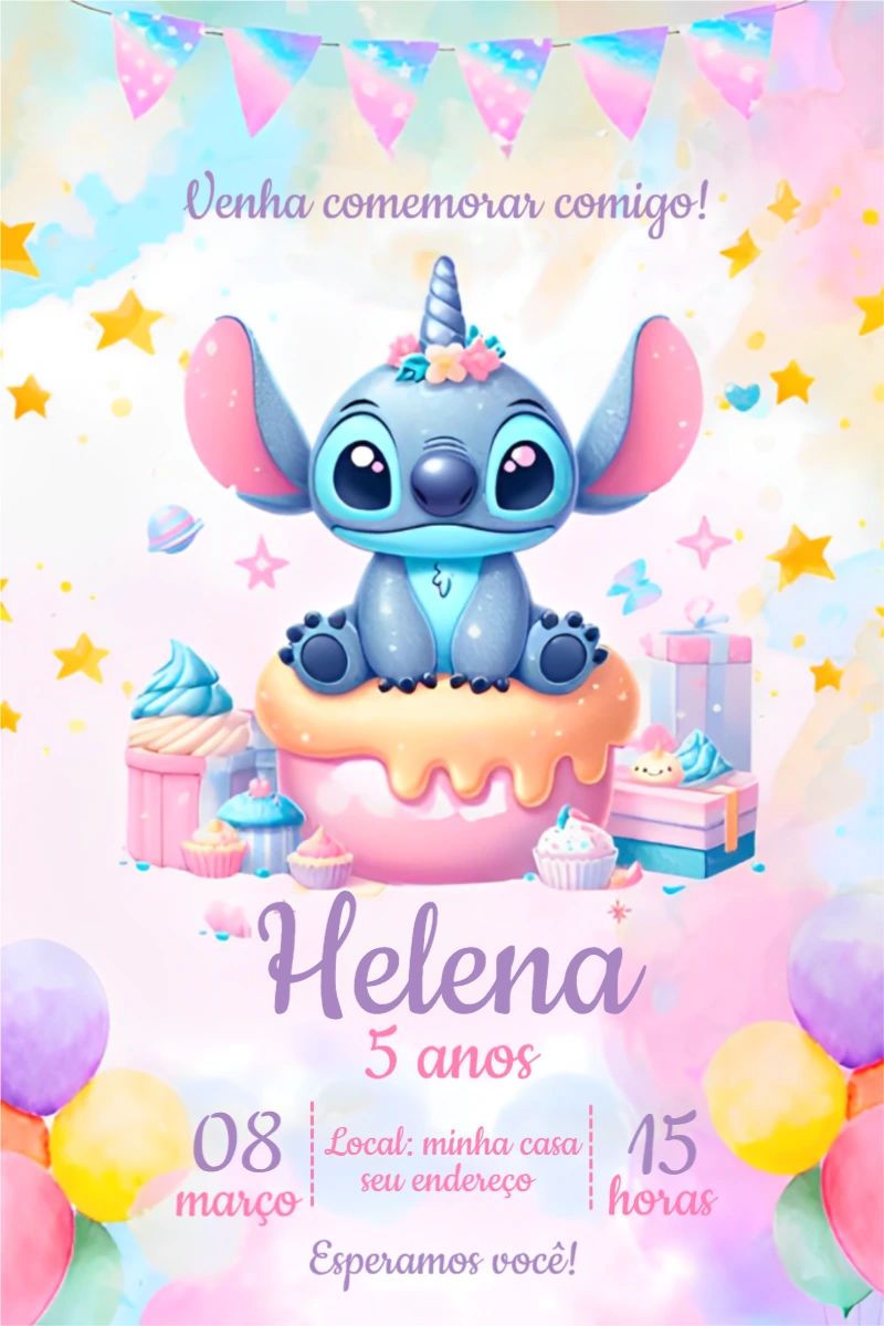 Convite Aniversário Stitch Unicórnio para Editar Online