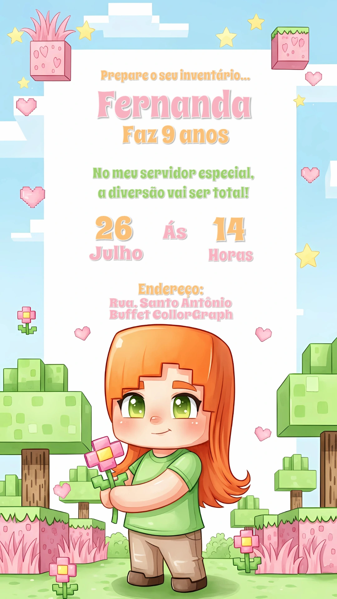 Convite Aniversário Minecraft Menina para Editar Online