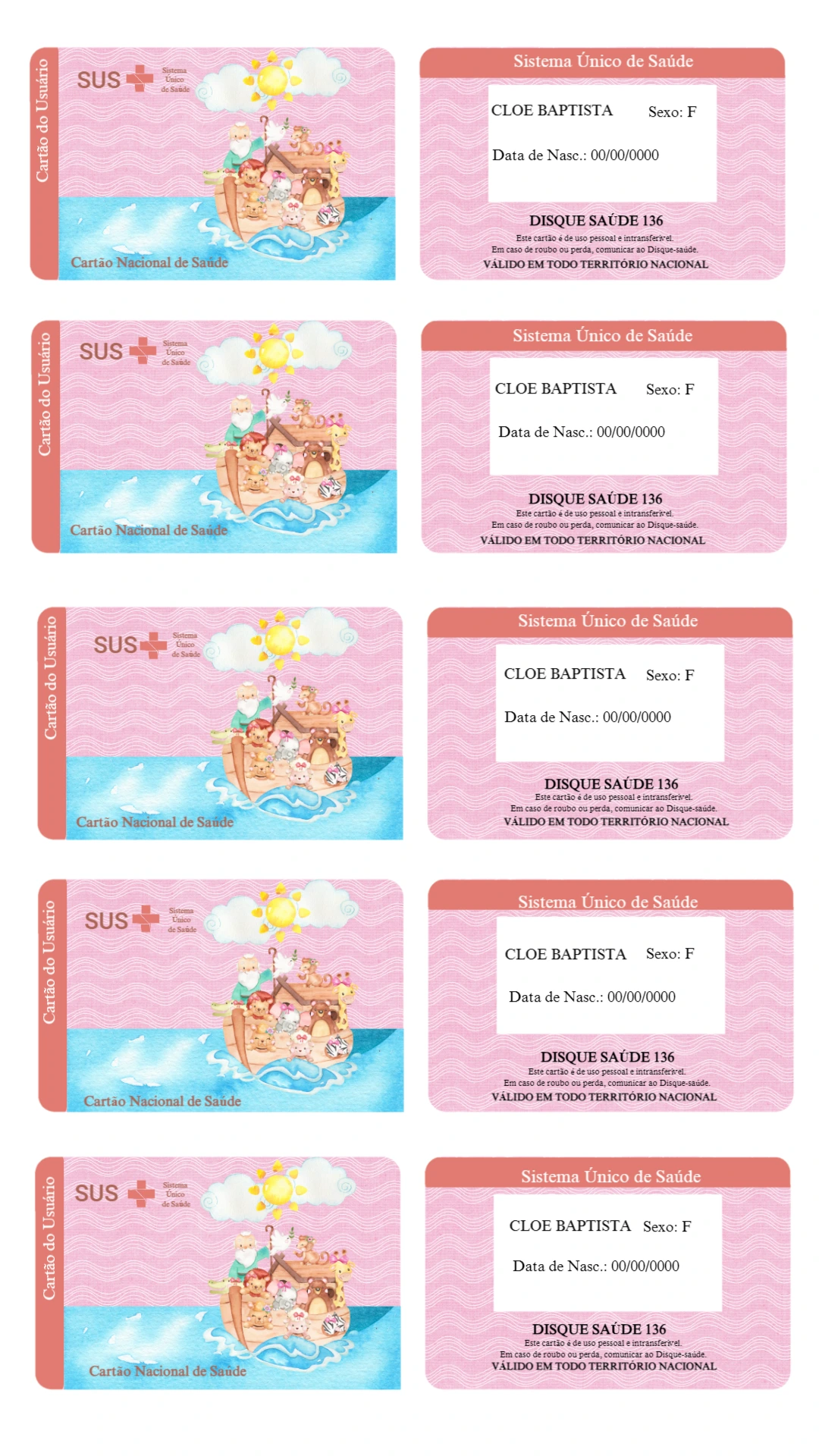 Cartão do SUS Arca de Noé para Editar e Imprimir Online