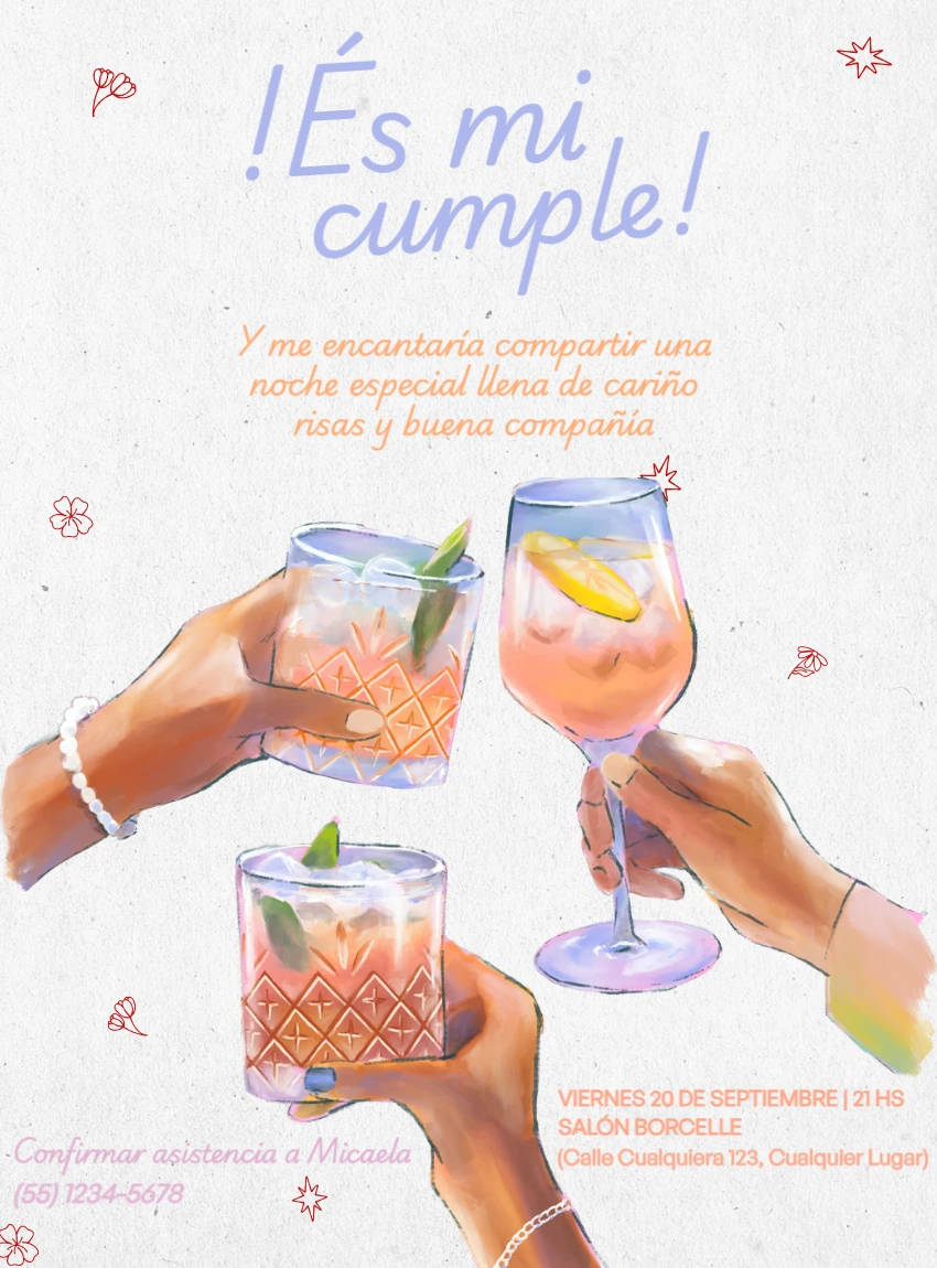 Invitación de Cumpleaños con Cócteles Ilustrados para Editar