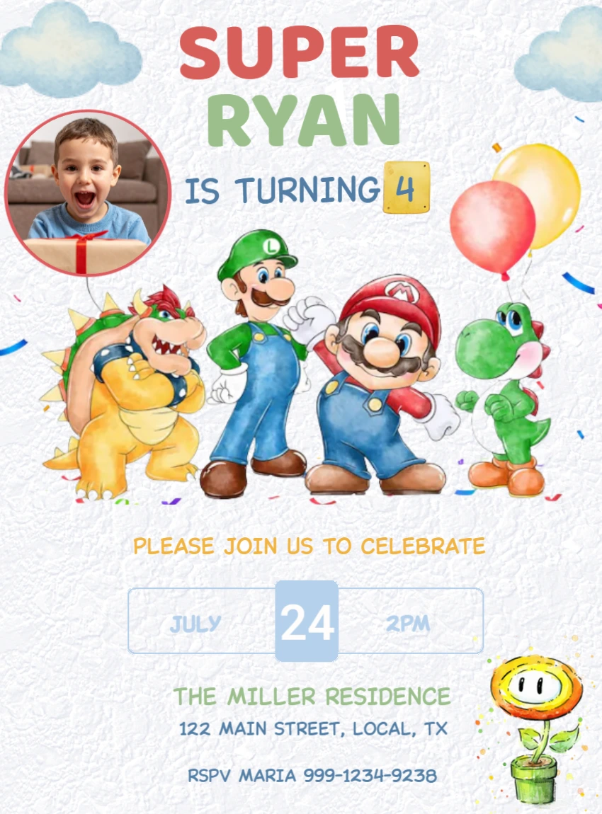 Super Mario Birthday Invitation Editable Template