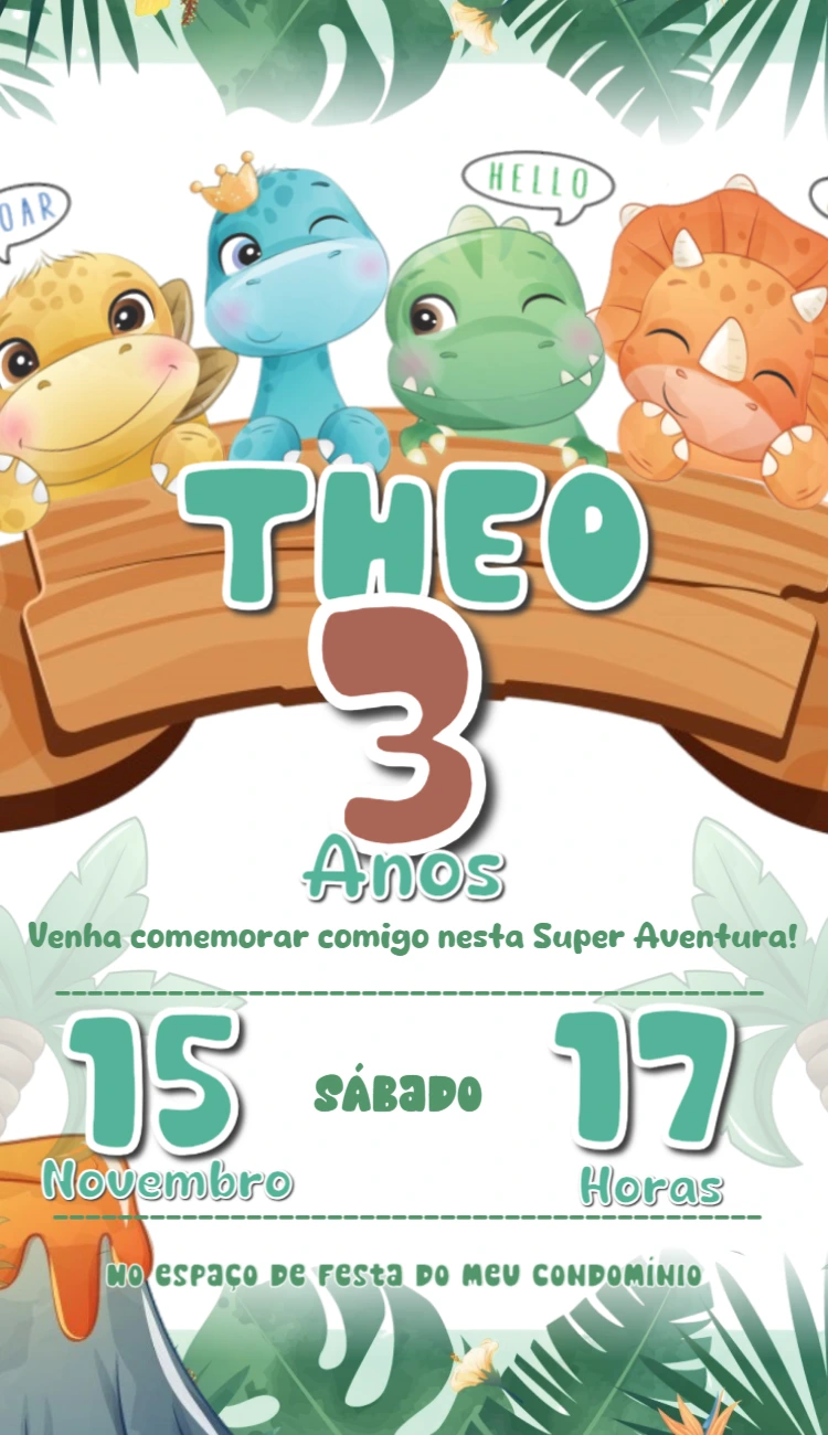 Convite de Aniversário Dinossauro Baby para Editar Online