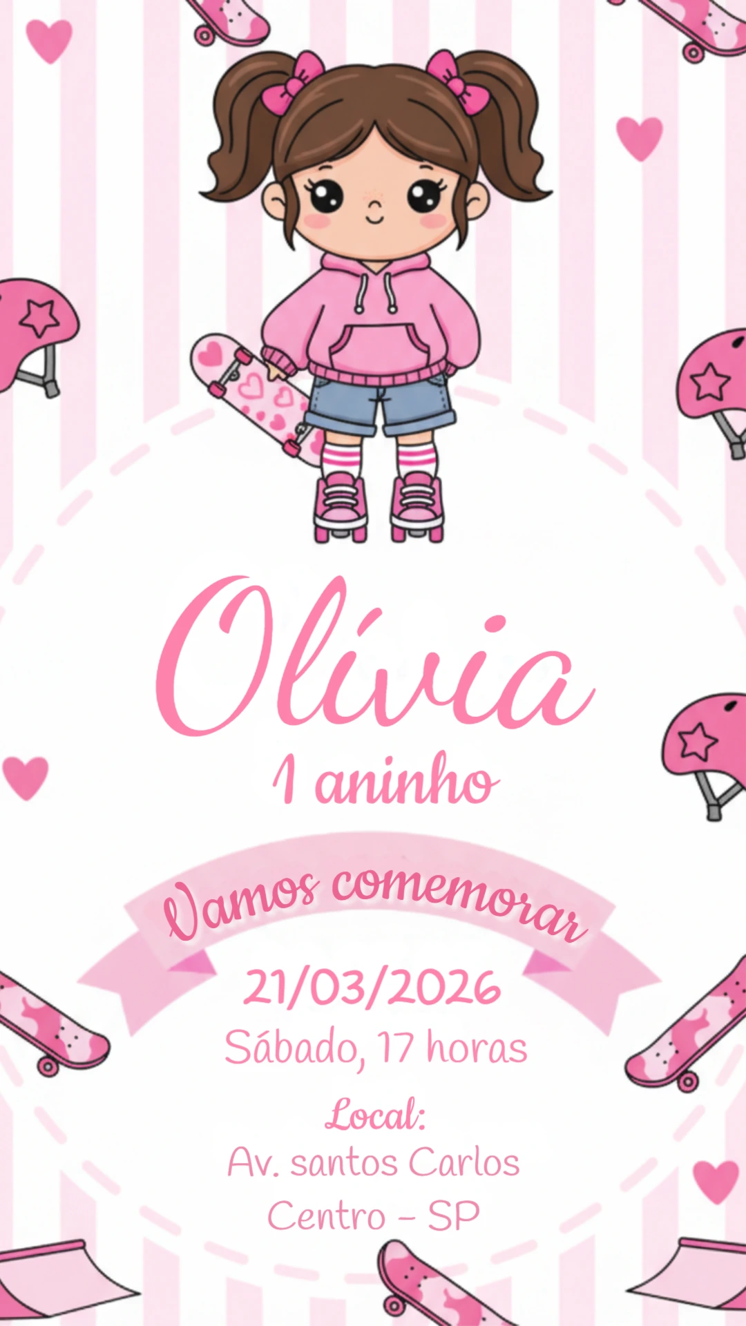 Convite de Aniversário Menina Skatista Rosa para Editar