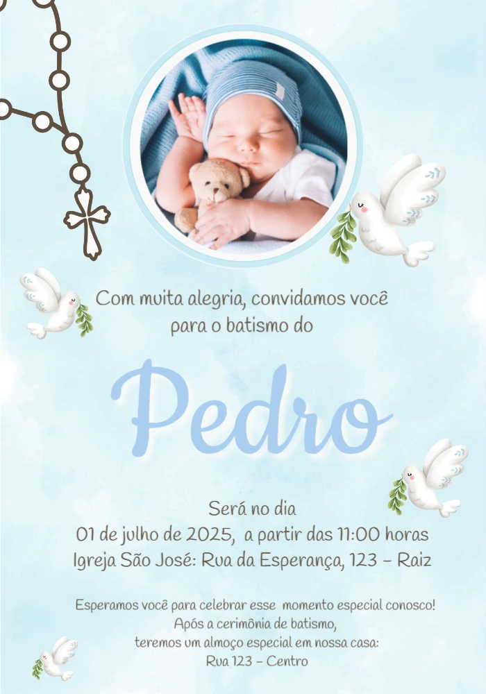 Convite de Batizado com Foto Delicado para Editar Online