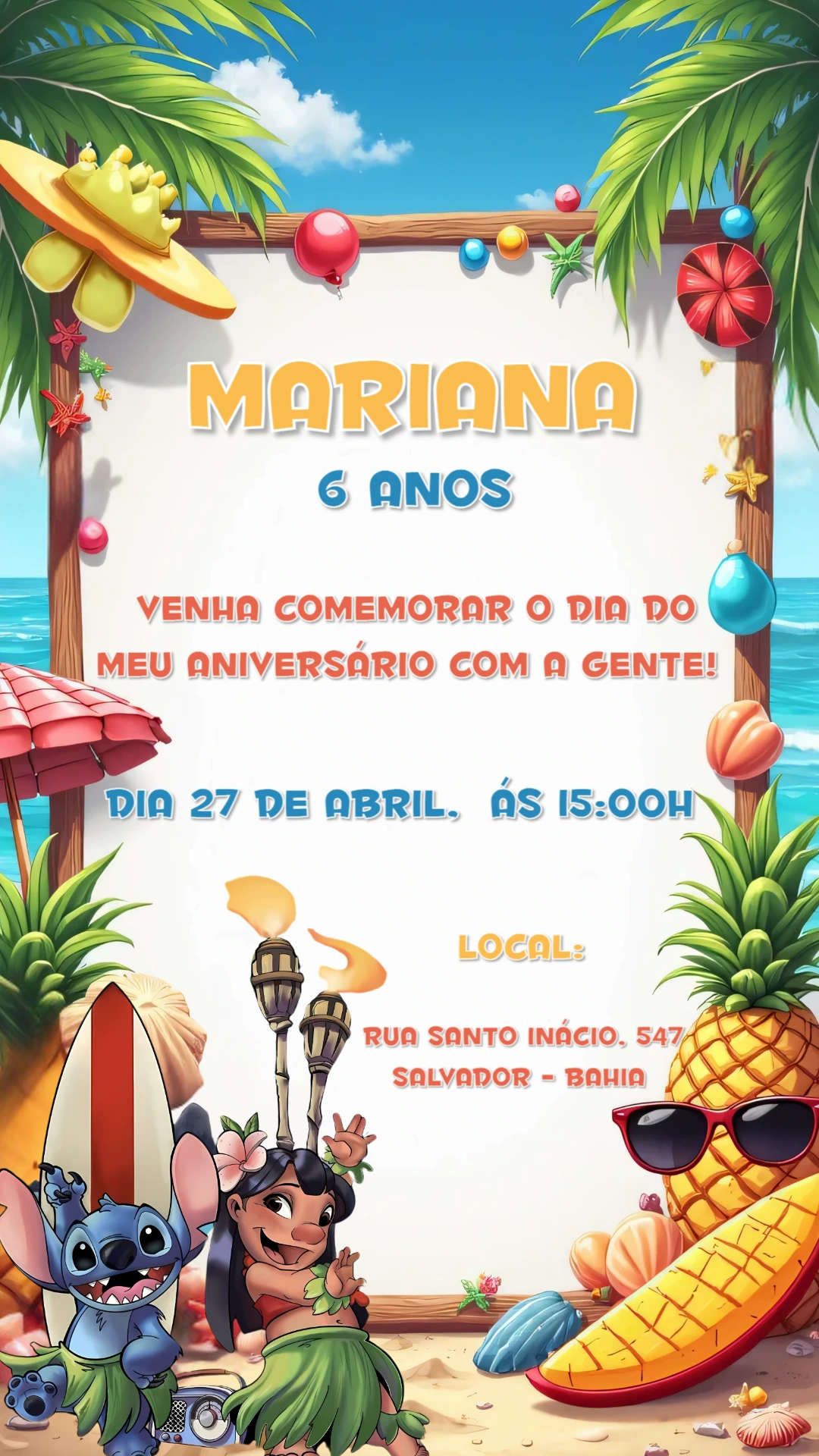 Convite de Aniversário Lilo e Stitch Tropical para Editar Online
