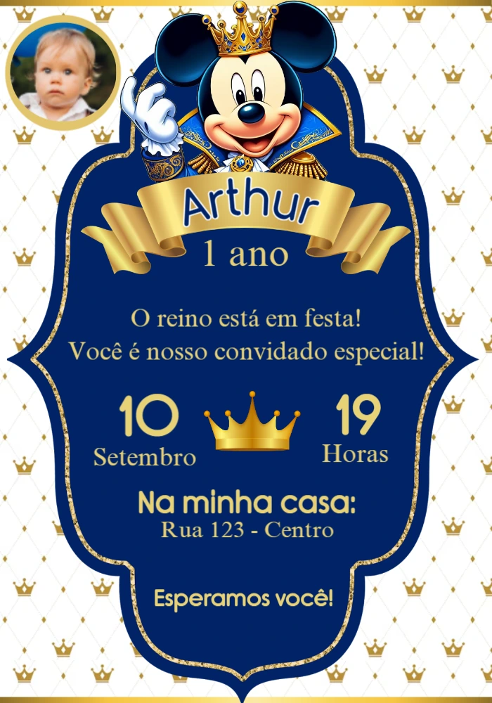 Convite Aniversário Mickey Realeza com Foto para Editar Online