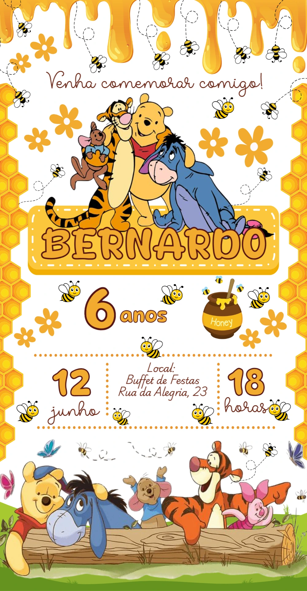 Convite Aniversário Ursinho Pooh e Turma para Editar Online