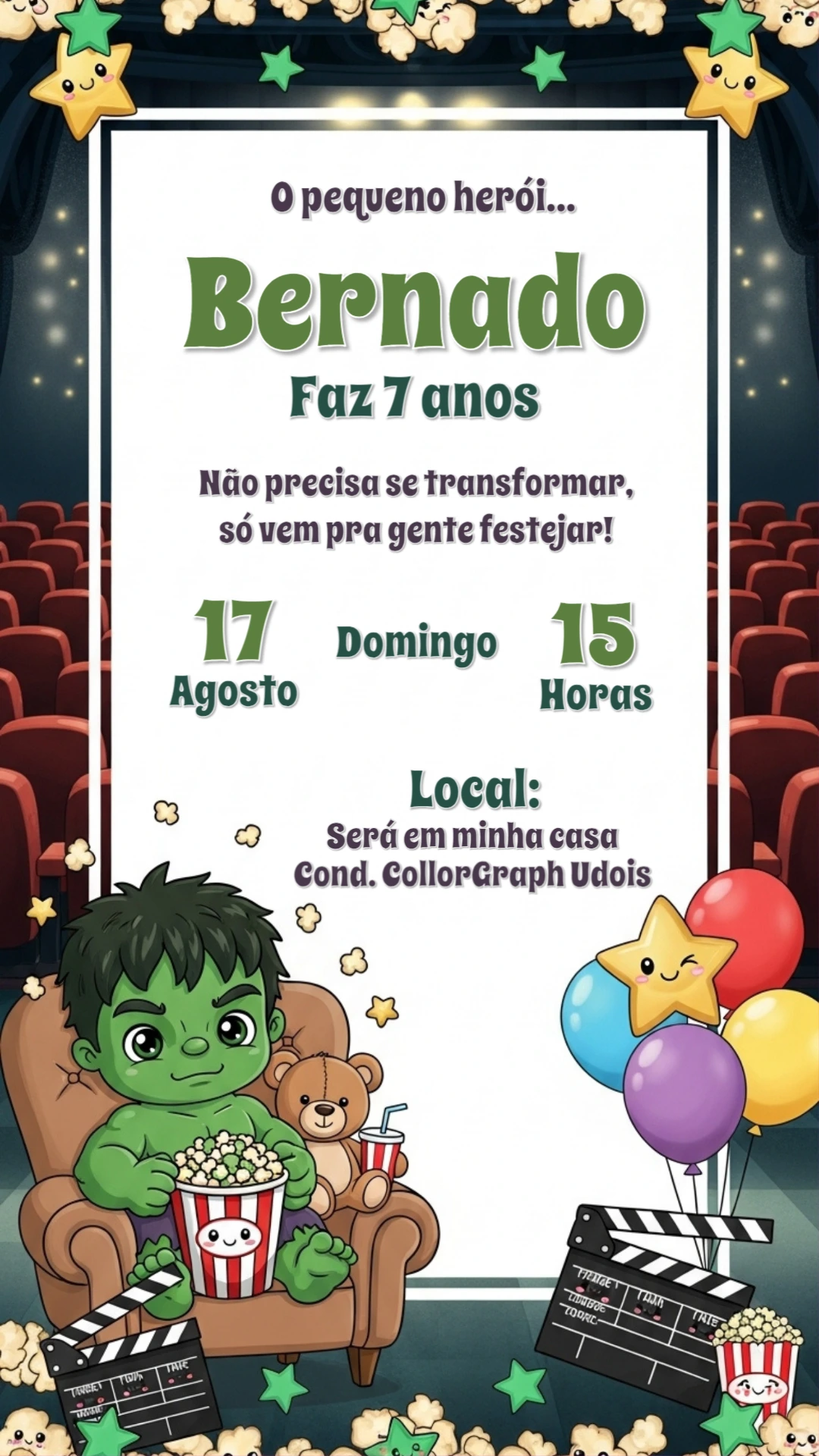 Convite Aniversário Hulk Cinema Editável Online