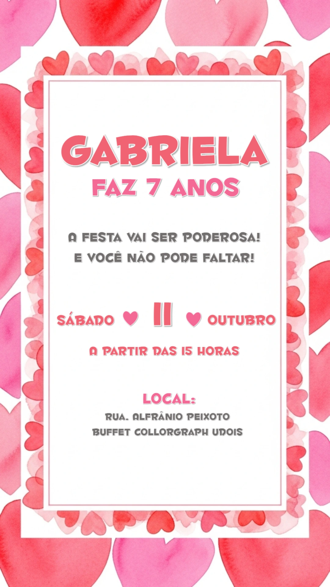 Convite de Aniversário Corações Aquarela para Editar Online