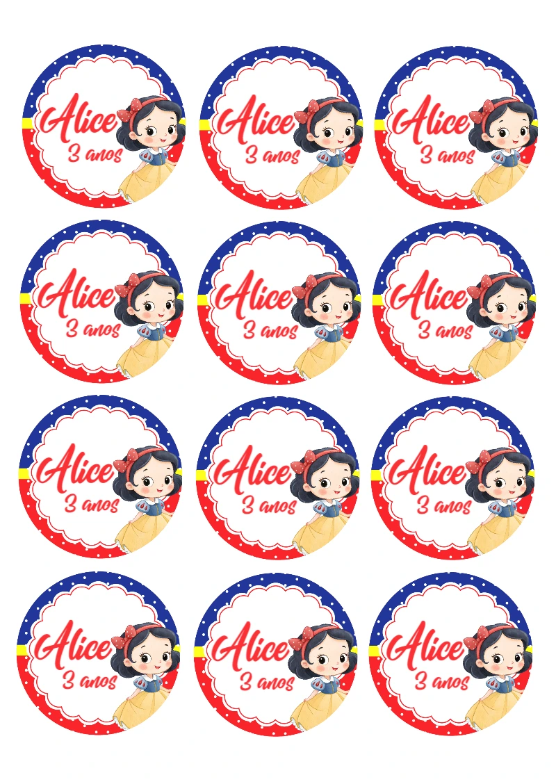 Adesivo Redondo Branca de Neve para Editar Online