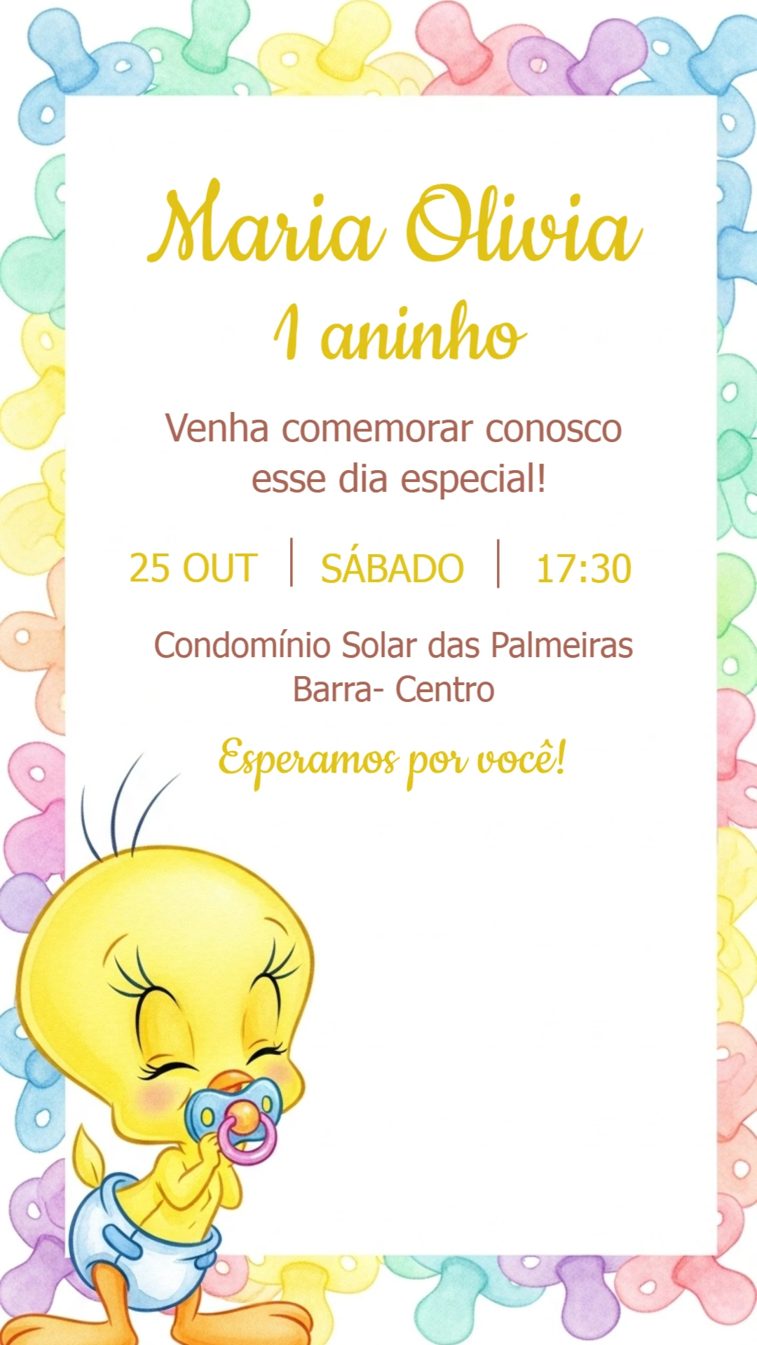 Convite de Aniversário Piu-Piu Baby para Editar Online