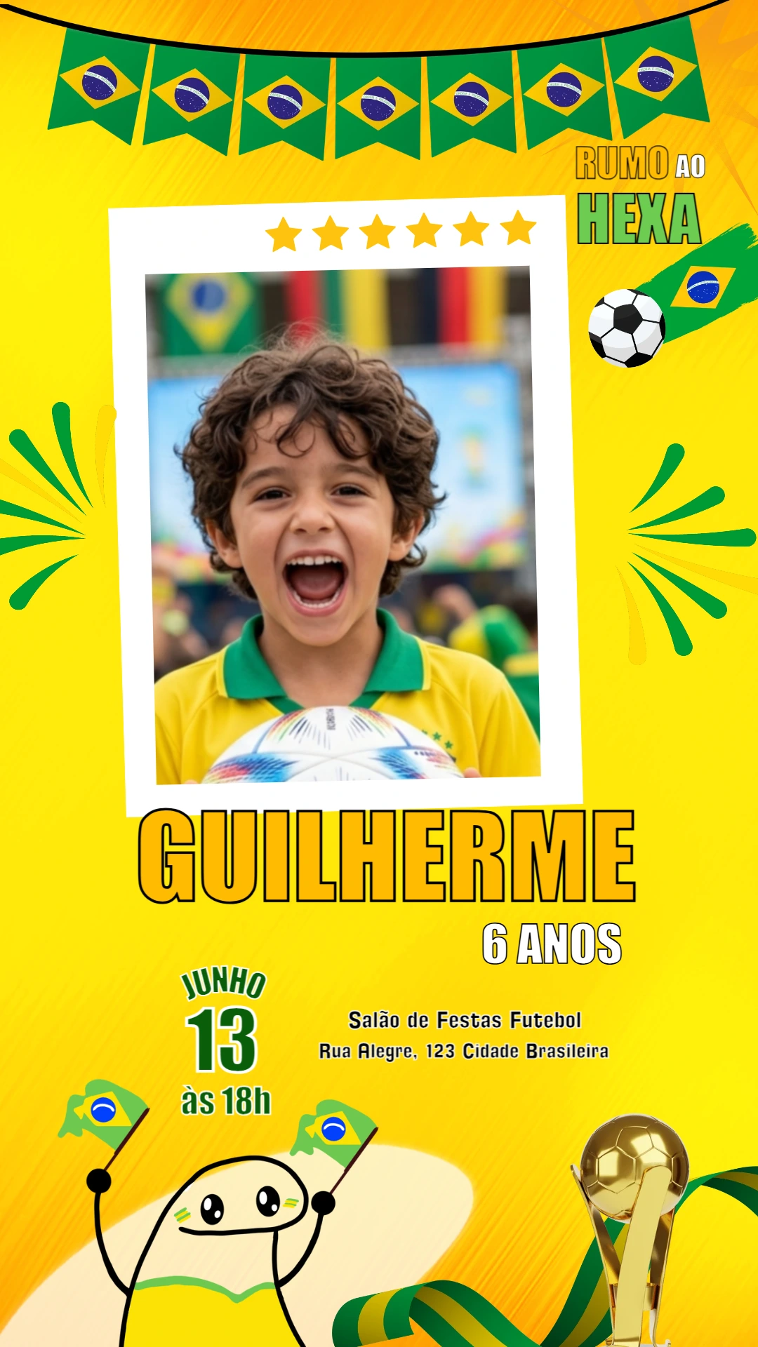 Convite Aniversário Futebol Brasil Rumo ao Hexa para Editar