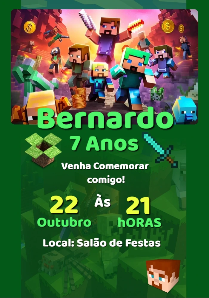 Convite de Aniversário Minecraft para Editar e Imprimir