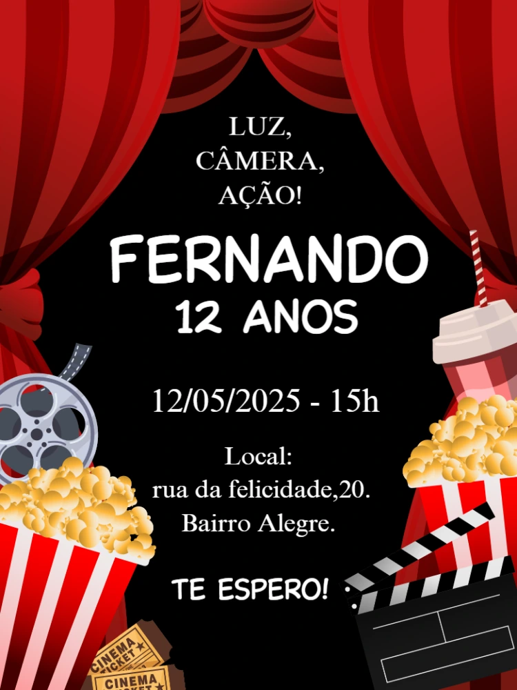 Convite de Aniversário Tema Cinema para Editar Online