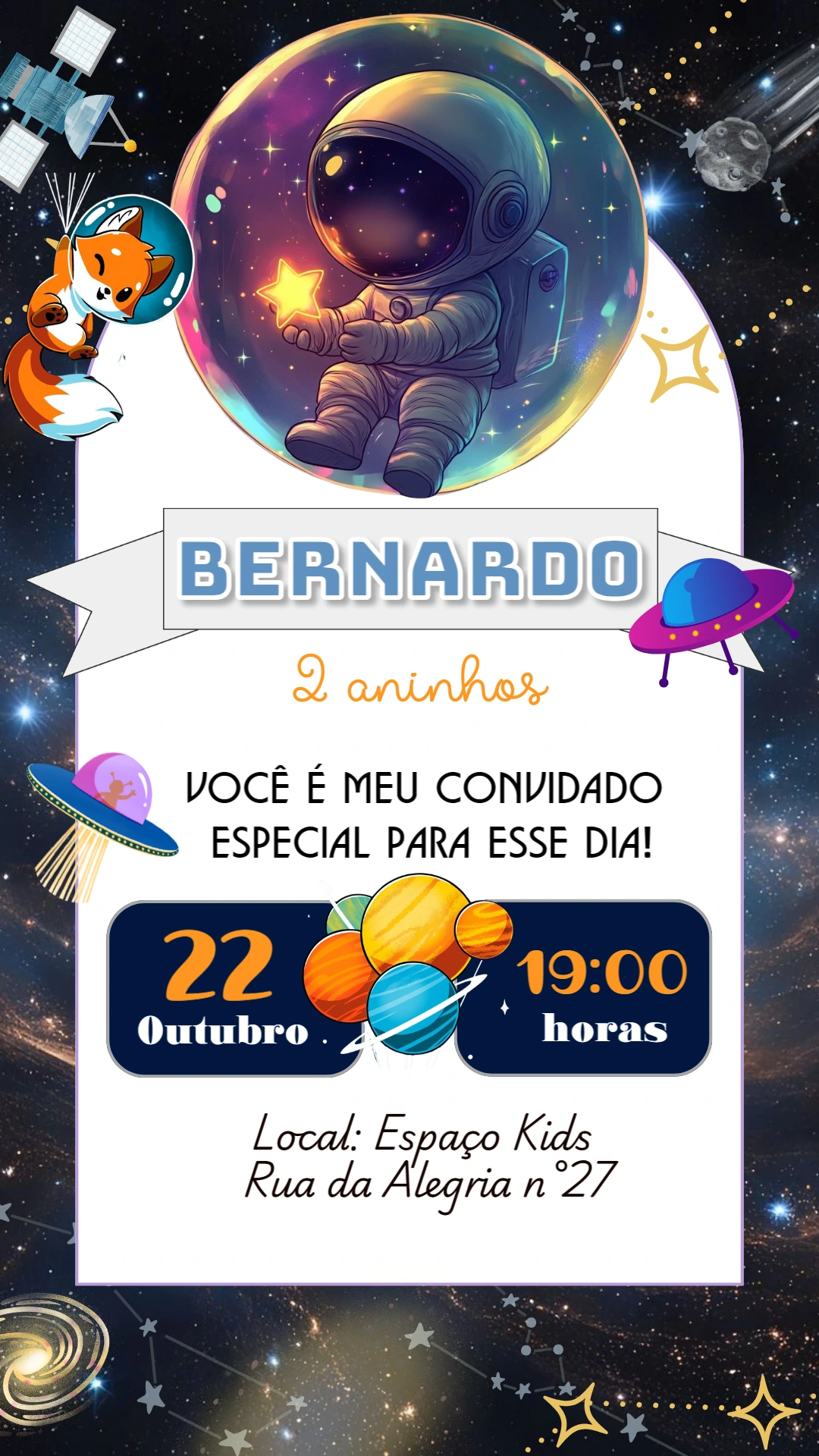 Convite Aniversário Astronauta Infantil para Editar Online