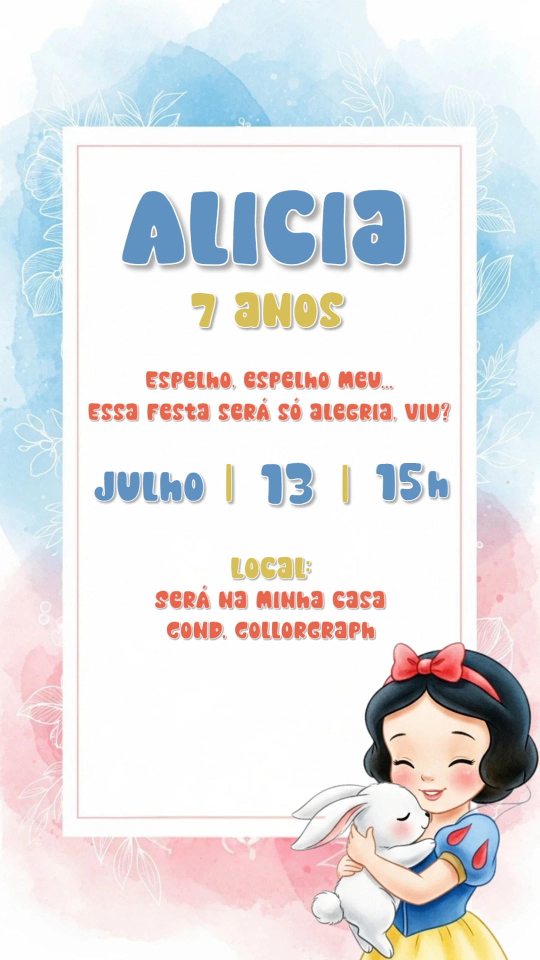 Convite de Aniversário Branca de Neve para Editar Online