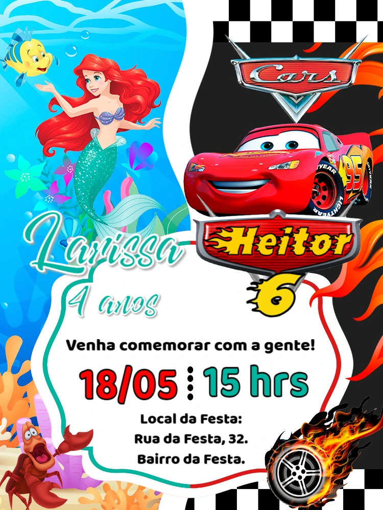 Convite Aniversário Duplo Carros e Ariel para Editar Online