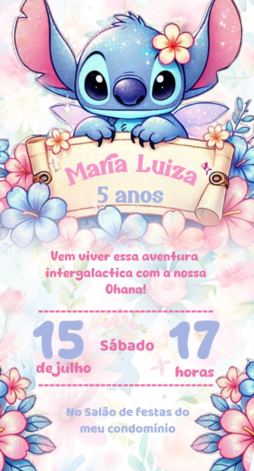 Convite de Aniversário Stitch com Flores para Editar Online