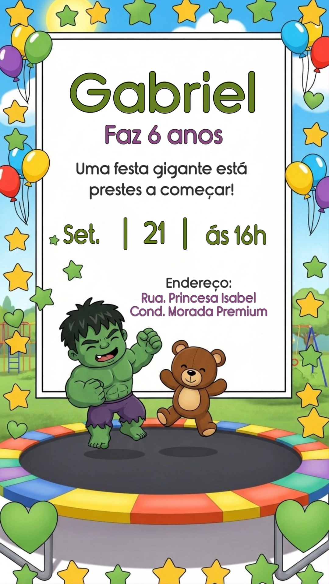 Convite de Aniversário Incrível Hulk para Editar e Imprimir