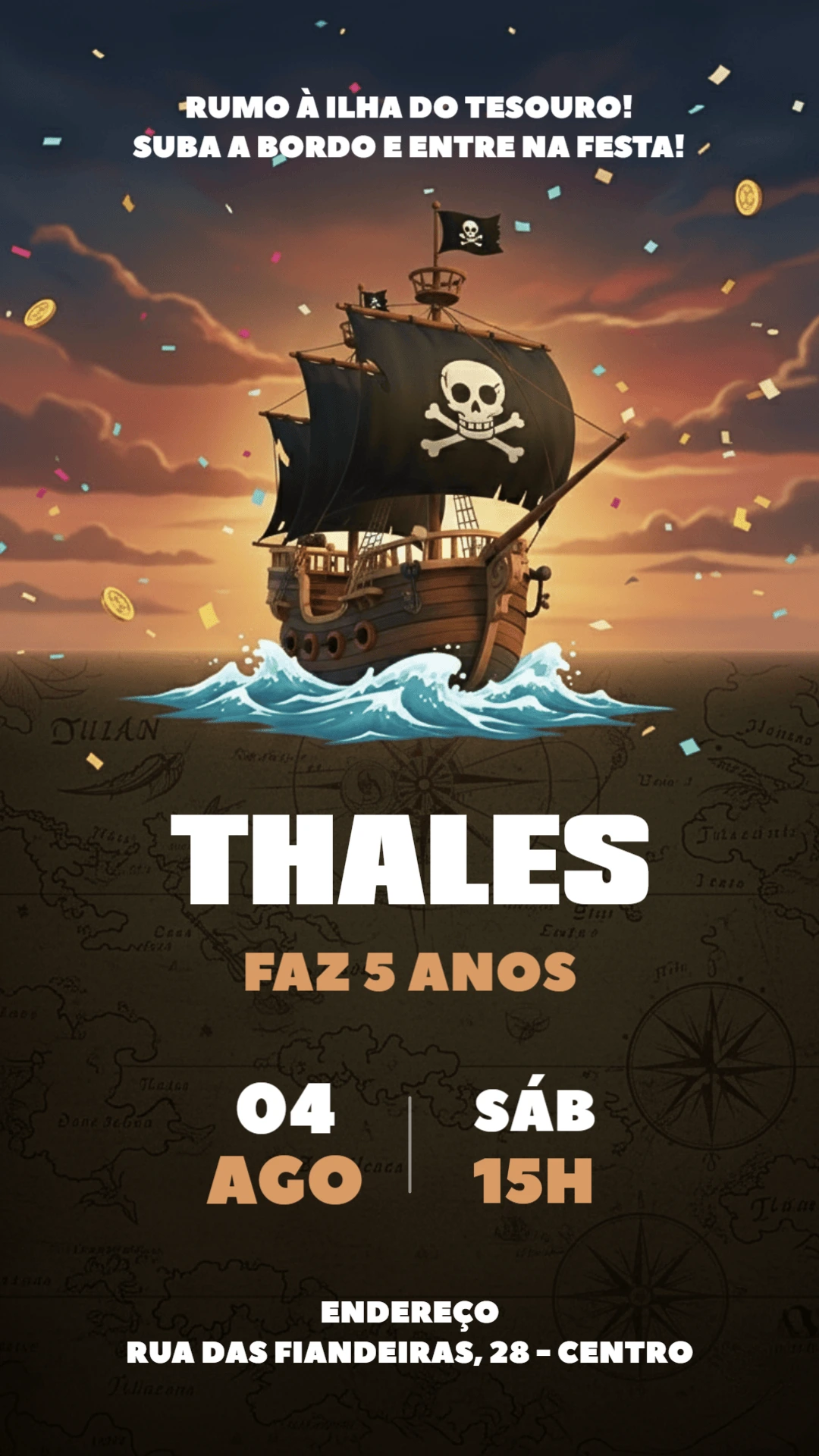 Convite de Aniversário Pirata com Navio para Editar Online