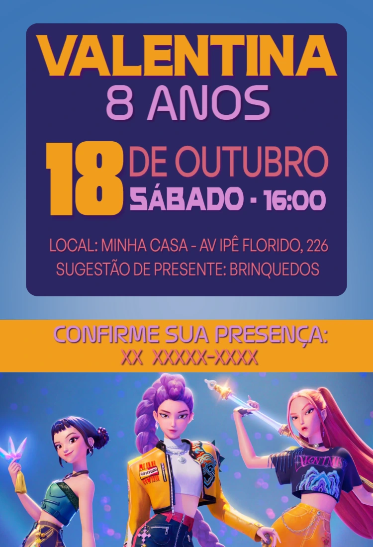 Convite Aniversário K-pop Guerreiras para Editar Online