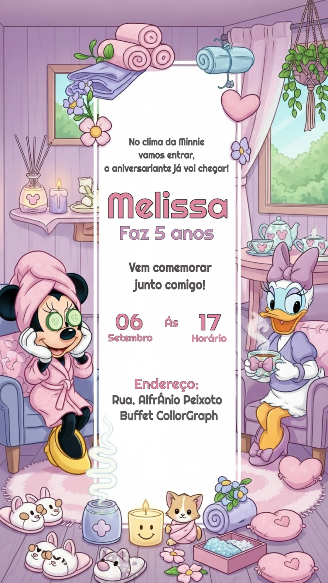 Convite Aniversário Spa da Minnie para Editar Online