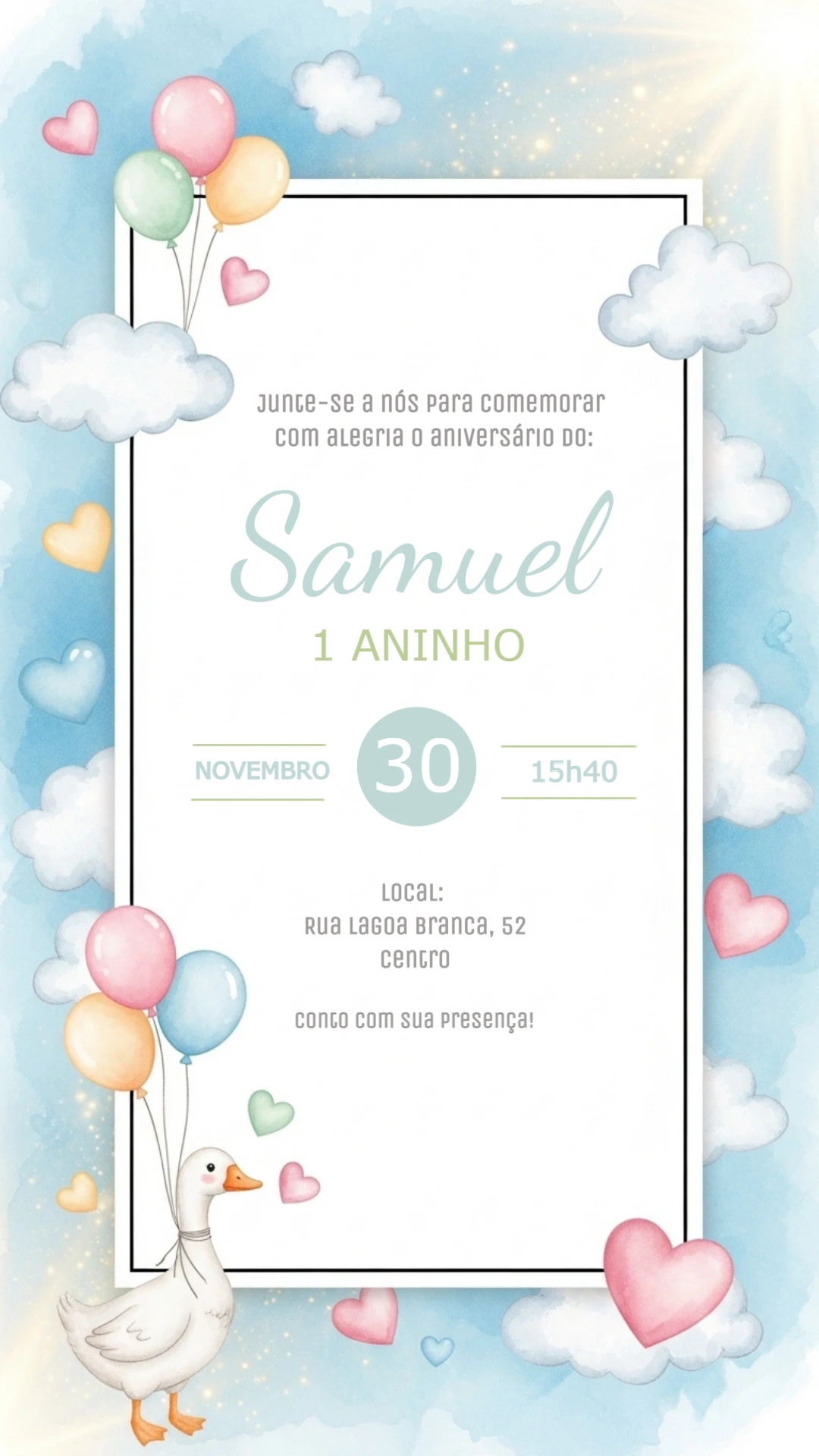 Convite Aniversário Ganso Aquarela para Editar Online