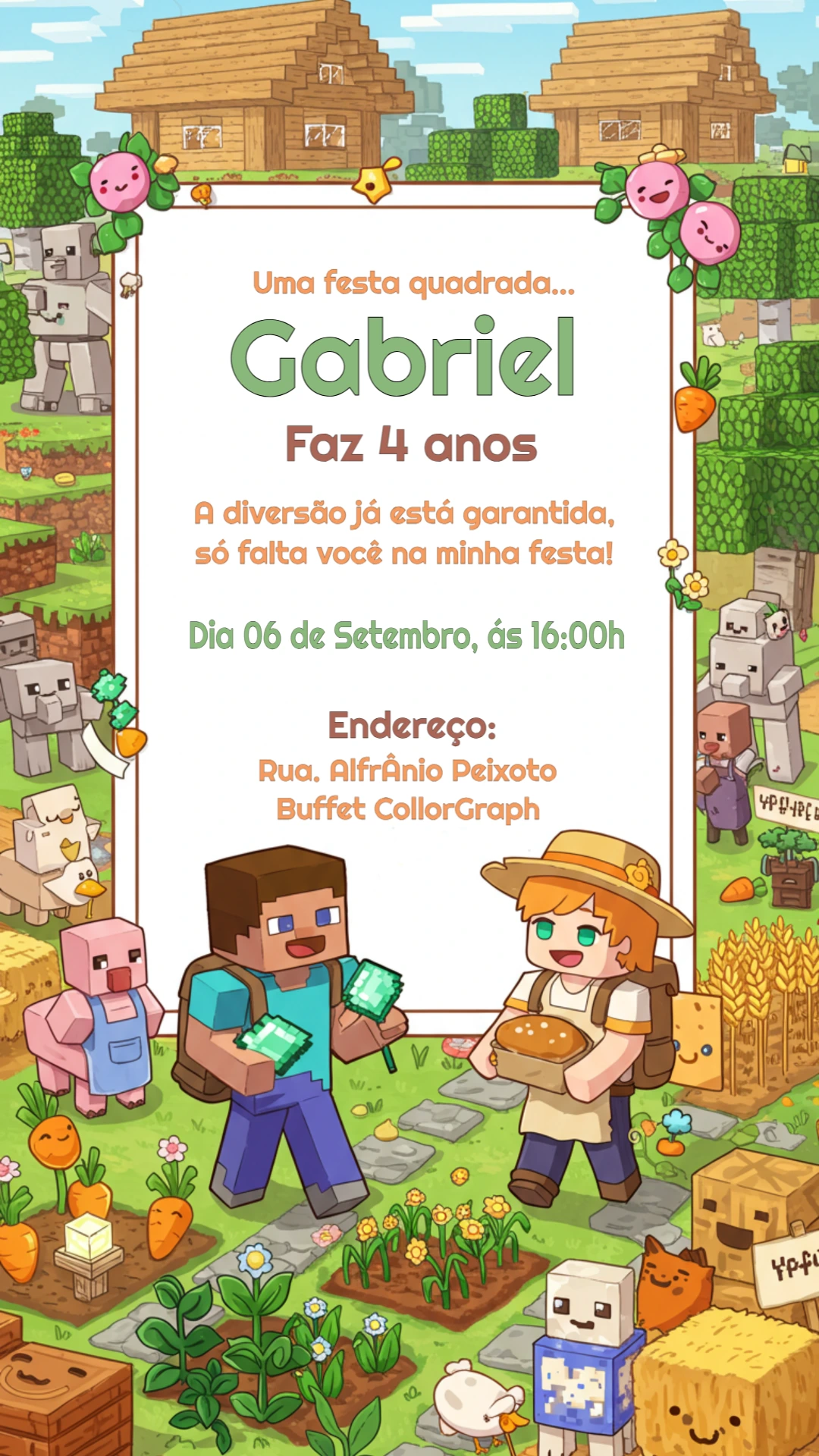 Convite de Aniversário Minecraft com Personagens para Editar