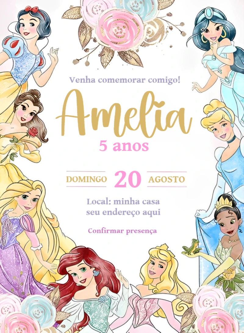 Convite de Aniversário Princesas Disney para Editar Online