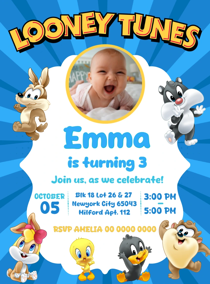 Looney Tunes Baby Birthday Invitation Editable Template