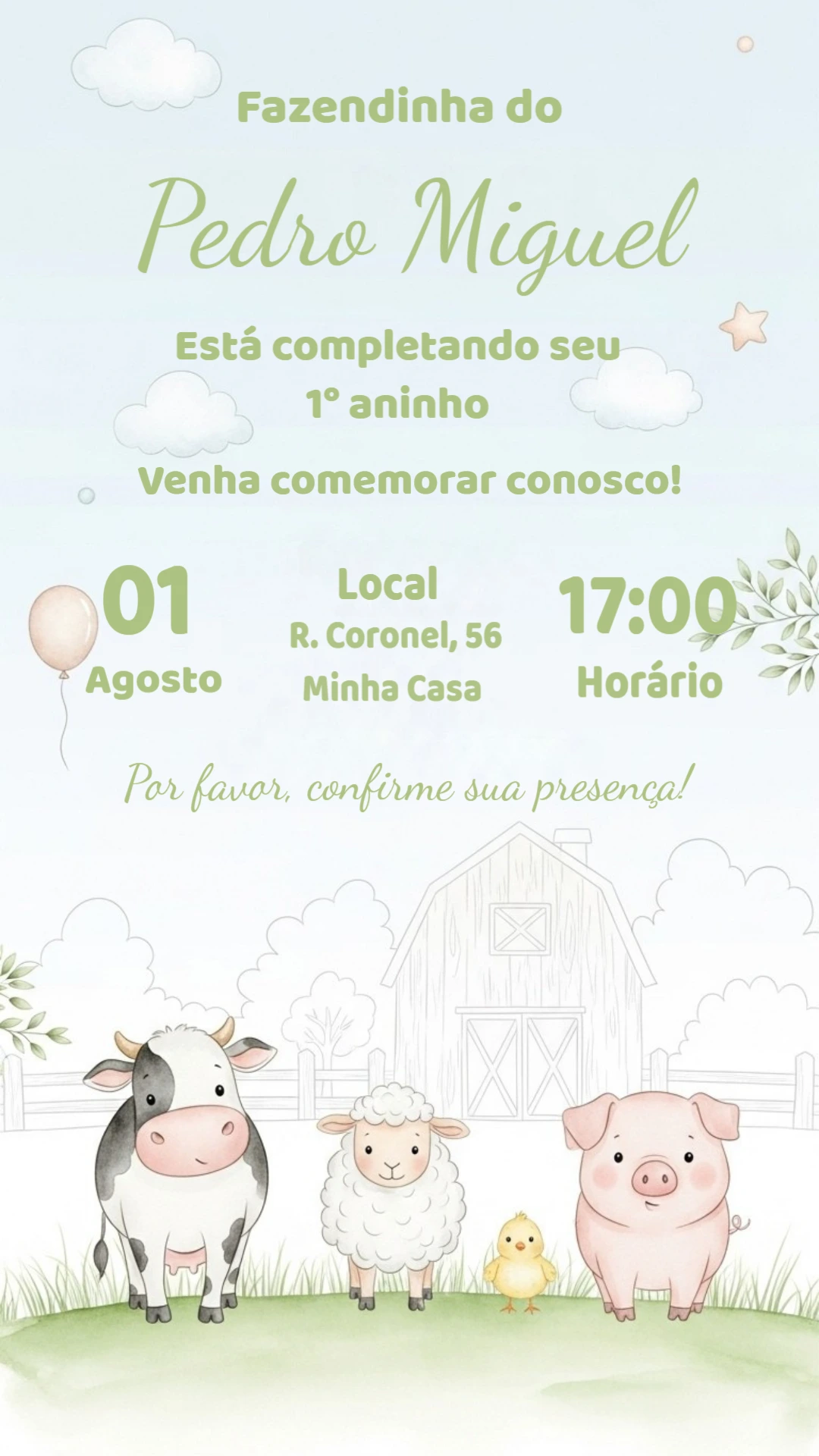 Convite Fazendinha Aniversário com Animais para Editar Online