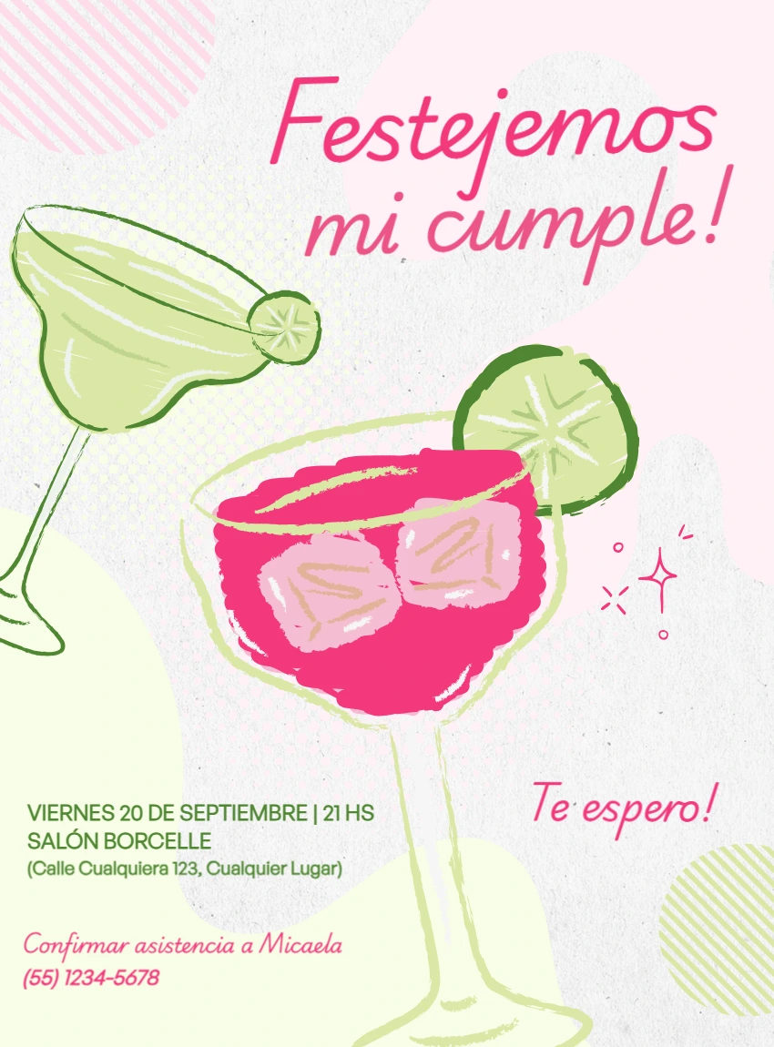 Invitación de Cumpleaños con Cócteles Rosa y Verde para Editar