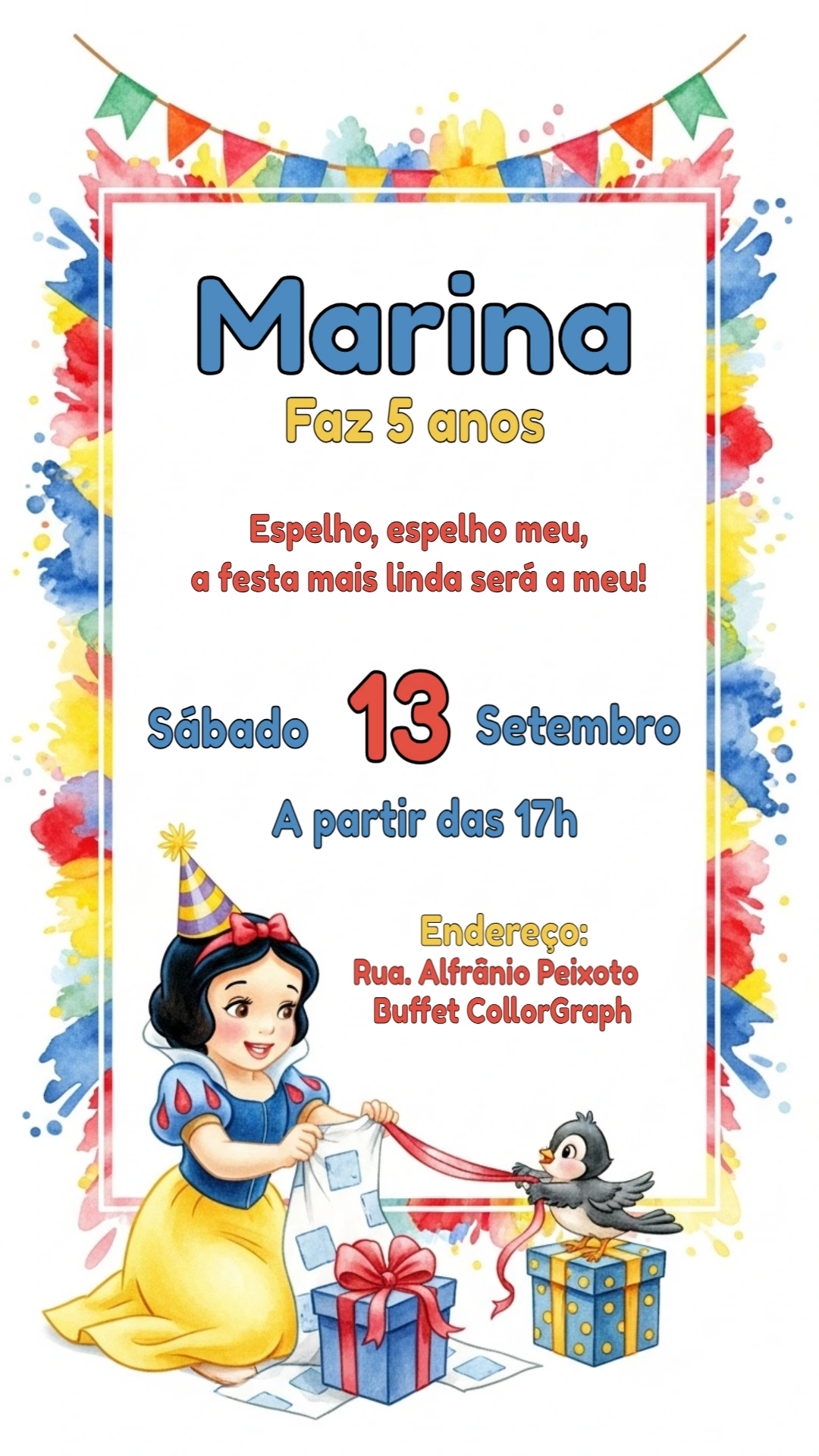 Convite Aniversário Branca de Neve Aquarela para Editar Online