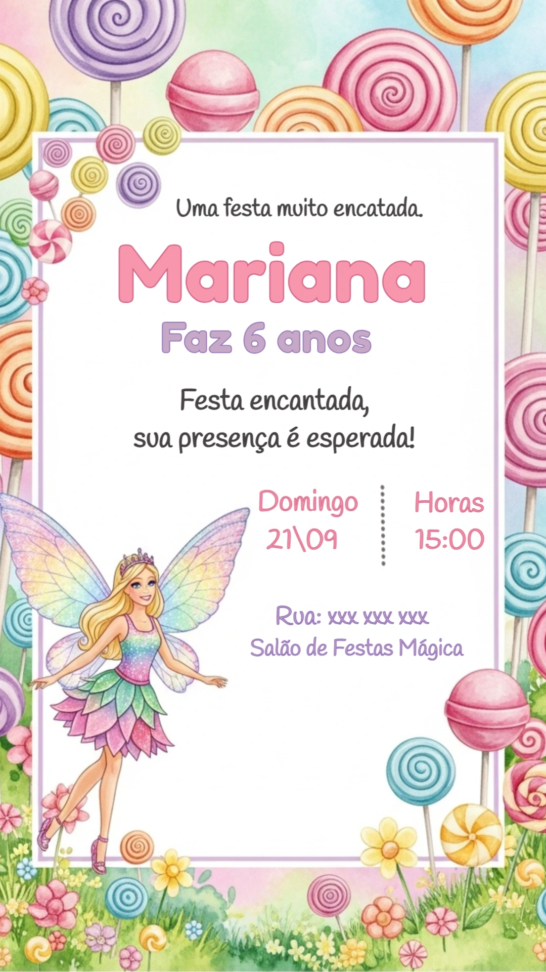 Convite Aniversário Barbie Fada Mundo Doce para Editar