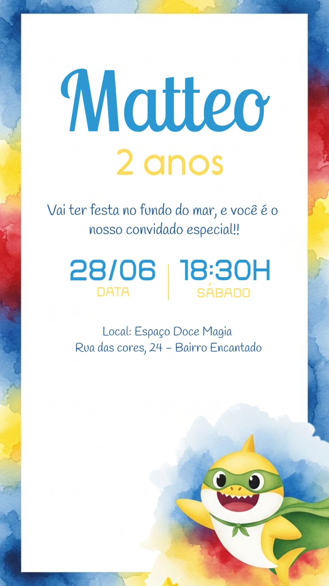 Convite Aniversário Baby Shark Super-herói para Editar Online