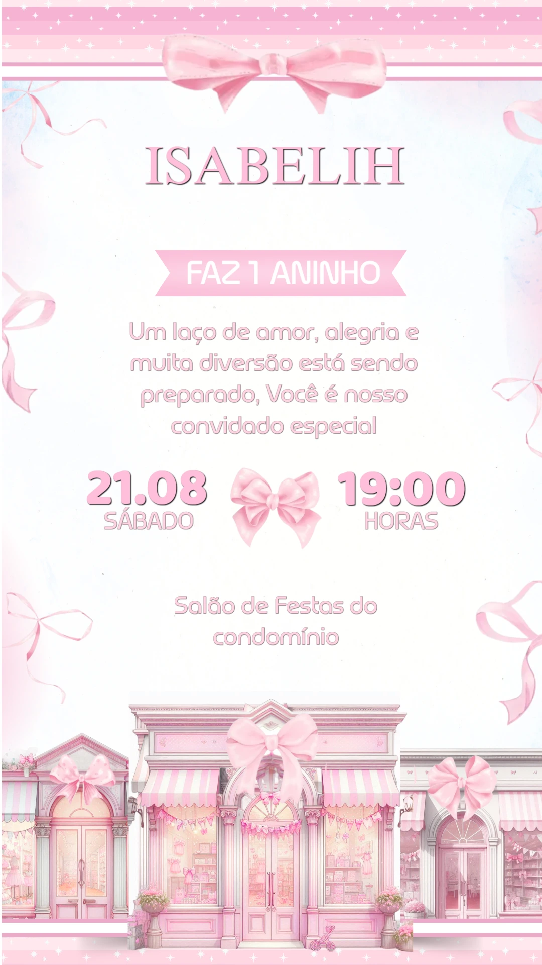 Convite de Aniversário Laços Rosa para Editar Online