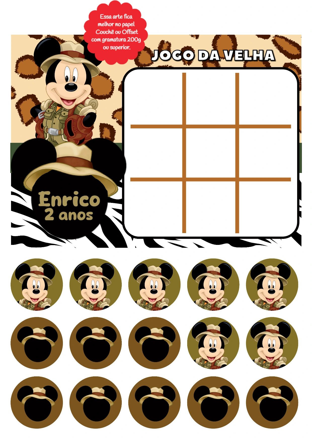 Jogo da Velha Mickey Safari Editável para Imprimir