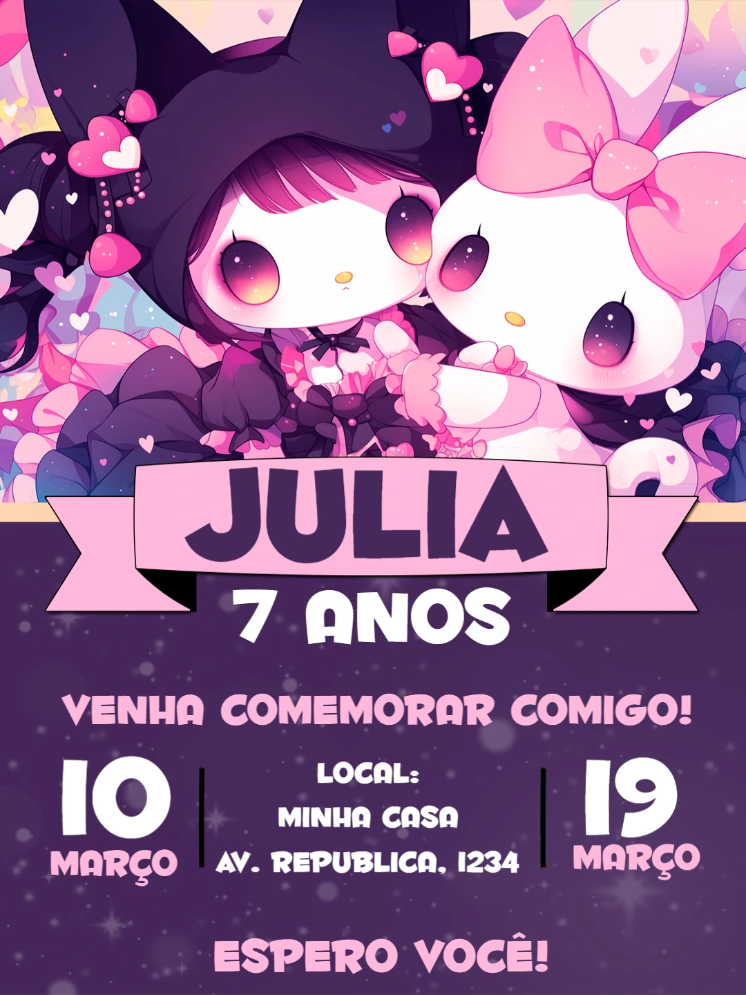 Convite Aniversário Kuromi e My Melody para Editar Online