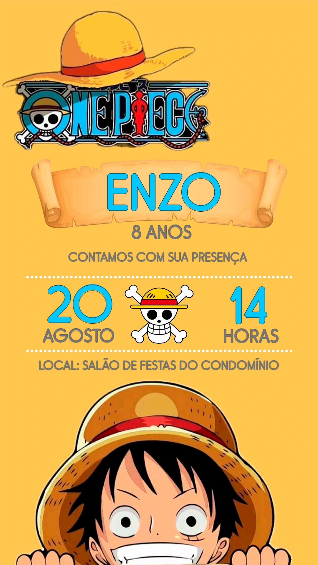 Convite Aniversário One Piece com Luffy para Editar Online