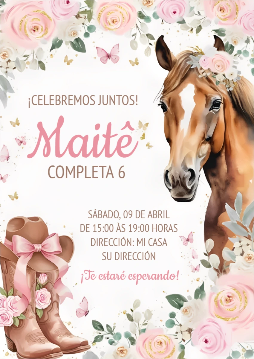 Invitación de Cumpleaños Vaquera con Caballo para Editar
