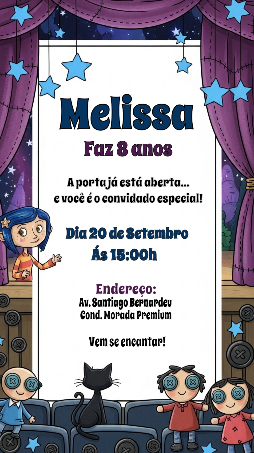 Convite Aniversário Coraline com Personagens para Editar Online